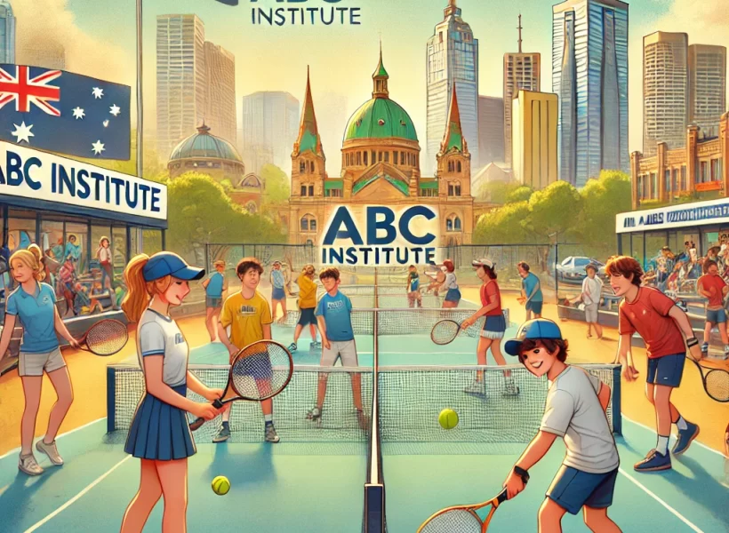 DALL·E 2025-03-19 16.31.09 - An engaging digital illustration showing students playing tennis on a vibrant court in Melbourne or Adelaide. The scene includes young players practic